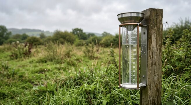 Close-up of a rain gauge measuring accumulated water on a wooden post. Meteorological instrument in a green grassy field under an overcast sky. Weather monitoring and agriculture concept