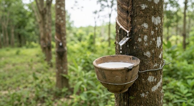 Fresh white liquid latex dripping into a collection cup from a rubber tree. Natural rubber harvesting process on a tropical agricultural plantation. Raw material production