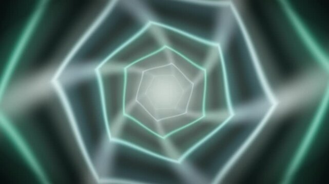 Geometric neon tunnel flythrough concentric polygon rings vanishing point seamless loop in calm emerald tones 2