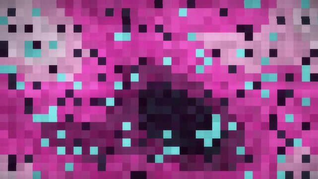 Digital glitch transition with RGB split, blocky displacement and static noise bursts, seamless loop in bright cyan tones