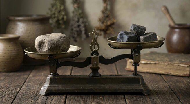 Antique balance scale with unequal stone weights on a rustic wooden table. Concept of measurement comparison and unbalance