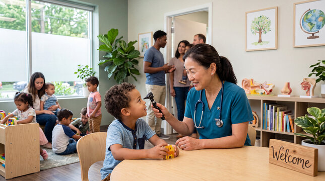 A friendly pediatrician examining a young boy's ear with an otoscope in a bright, child-friendly medical clinic.