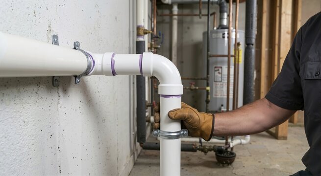 Plumber holding a white PVC pipe with an elbow joint. Installing plastic plumbing with purple primer against a concrete wall