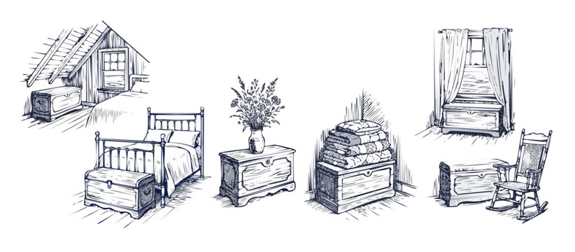 Rustic Vintage Bedroom Furniture Sketch Set, Antique Wooden Chests, Bed, Rocking Chair, Flower Vase and Quilted Blankets Illustration in Engraving Style for Interior Design and Decor Projects.