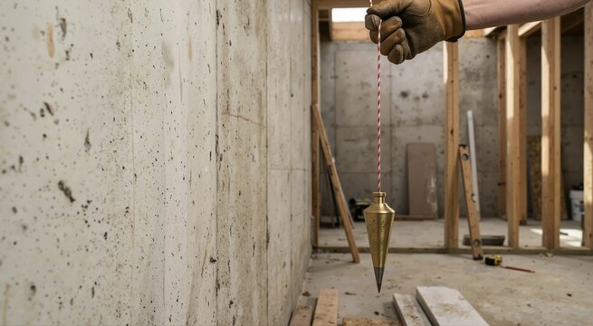 Brass plumb bob hanging from a string held by a gloved hand. Construction worker checking vertical alignment against a concrete foundation wall in an unfinished basement