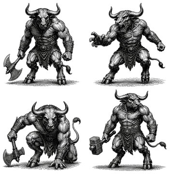Four powerful minotaurs depicted in a detailed, vintage illustration style
