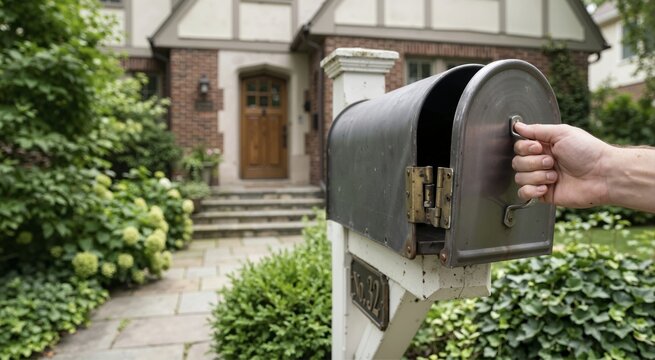 Hand opening metal mailbox door in front of residential house. Checking mail at suburban home. Postal delivery and correspondence concept