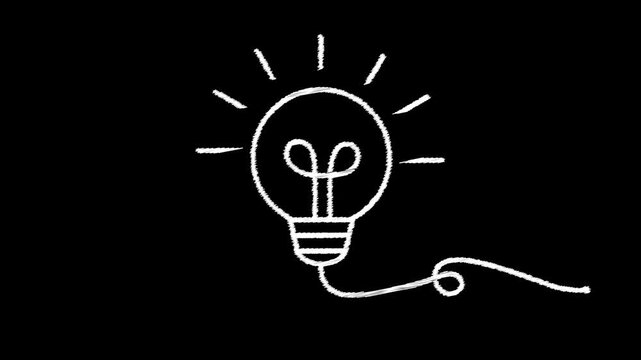 White hand drawn scribble light bulb outline seamless loop animation with cable and light rays motion with jitter effect on black background. 4K animated for idea, creativity, and motion graphics.