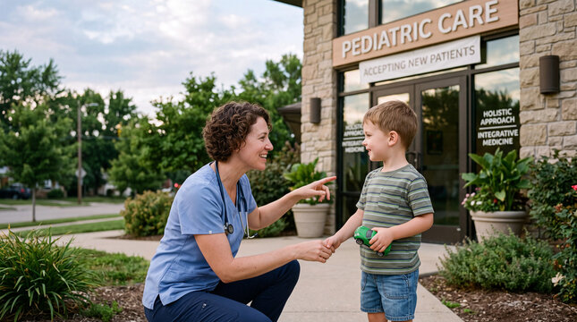 A smiling female doctor conducting a check-up on a happy child using an otoscope in a welcoming pediatrician's office with waiting families in the background.