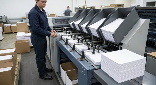 Female operator working at an industrial paper collating machine in a printing factory. Large stacks of white paper sheets on a conveyor belt. Commercial print shop production