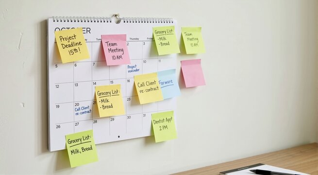 Wall calendar covered in colorful sticky notes with handwritten tasks and reminders. Busy schedule and time management concept. Office desk with notepad and pen