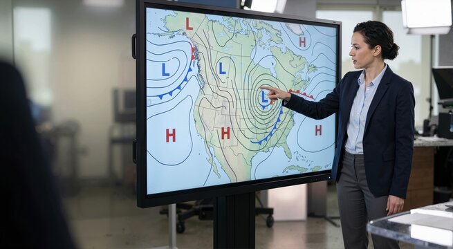 Female meteorologist pointing at a weather map on a digital screen. Professional woman presenting a forecast with high and low pressure systems. Television broadcasting