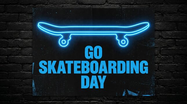 Go Skateboarding Day sign with blue neon skateboard glowing on black brick wall. Poster concept for annual international celebration of board sport culture. Urban lifestyle street art style.