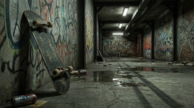 Skateboard leaning against a graffiti wall inside an abandoned urban tunnel. Go Skateboarding Day celebration. Street culture and extreme sport lifestyle aesthetic in a gritty location.