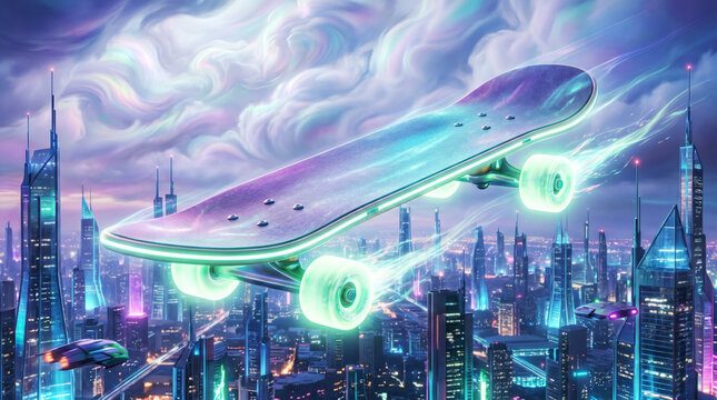 Futuristic skateboard hovering over a glowing neon metropolis. Go Skateboarding Day concept with high tech urban landscape. Surreal levitating board representing speed and innovation.