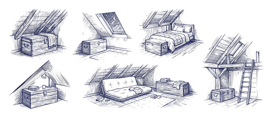 Attic bedroom interior line art set featuring cozy loft rooms, wooden chest, bed, futon sofa, skylight window, ladder, sloped ceiling beams, rustic furniture design illustrations for home decor © Fernando
