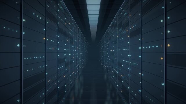 Data center server racks aisle with blinking LED status lights seamless loop in bright cyan tones