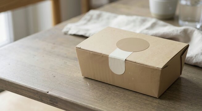 Kraft paper food container sealed with a blank sticker on a wooden table. Eco friendly cardboard takeout box for delivery. Sustainable packaging mockup with copy space