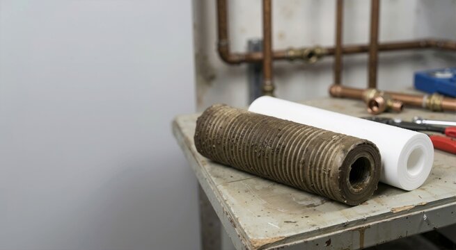 Dirty brown used sediment filter cartridge next to a clean white one. Water purification system maintenance and plumbing repair concept