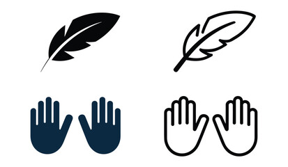 Feather and Hand Icons: A graphic set featuring simple icons of a feather and a pair of hands, presented in both solid black and outline styles, suitable for various design needs. © Vector By Thakur