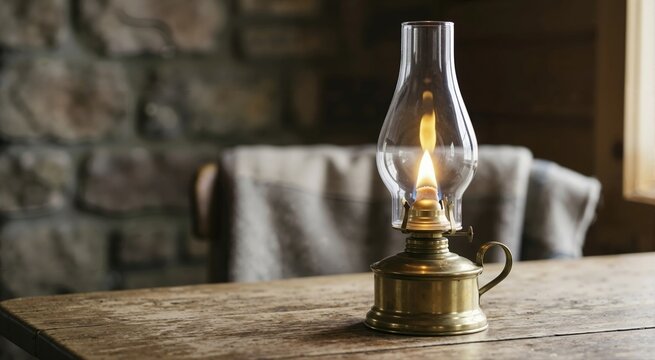Lit vintage brass kerosene lamp with a glass chimney on a rustic wooden table. Antique oil lantern burning with a warm flame