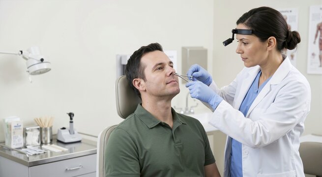 Female ENT doctor performing a nasal examination on a male patient. Otolaryngologist using a metal speculum and headlamp to check sinuses in a medical clinic