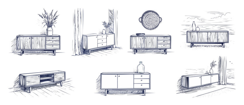 Wooden sideboard credenza sketch set featuring modern furniture design illustrations, hand-drawn mid century storage cabinets, TV consoles, and interior home decor line art vectors in vintage style.