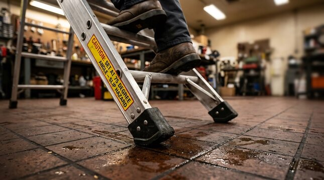 Electrician using extendable ladder on oily workshop floor with tools and equipment