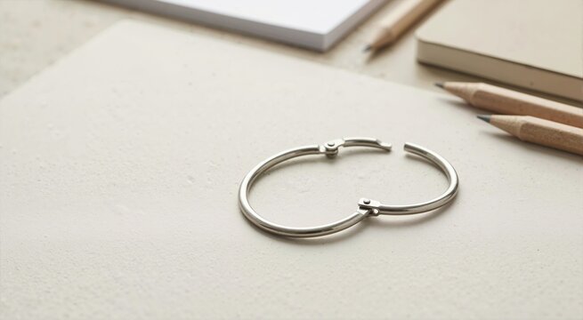 Open metal binder ring on a textured white desk surface. Minimalist flat lay with loose silver ring and blurred office stationery. School supplies