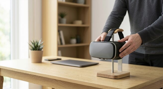Person placing a VR headset on a wooden display stand. Virtual reality equipment stored on a modern home office desk. Technology and gaming accessories setup