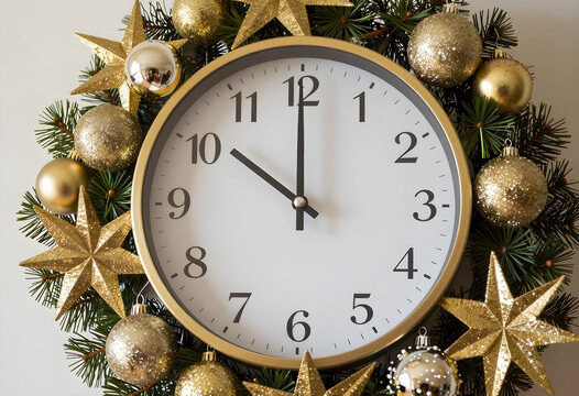 Christmas wreath with golden ornaments and a clock showing ten oclock, holiday season and new year celebration