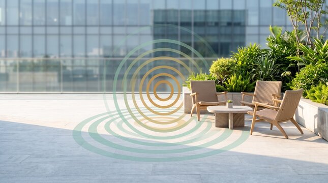 Empty corporate terrace with a calm breathing transition graphic