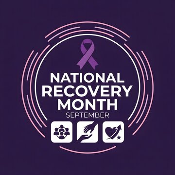 National recovery month awareness design featuring a purple ribbon symbol and icons representing community support and healing on dark background
