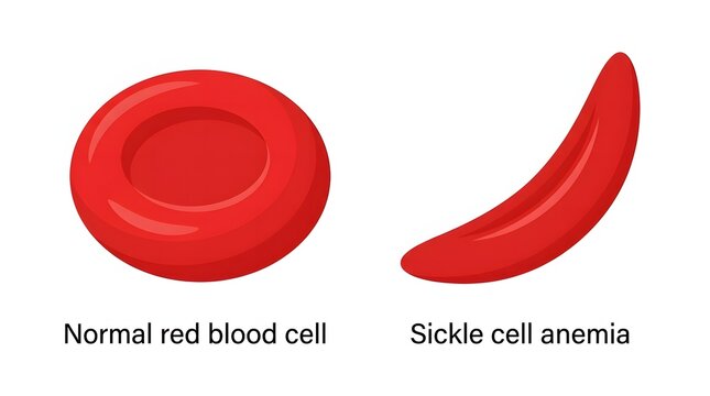 A medical illustration comparing a healthy round human red blood cell with an abnormal crescent shaped sickle cell anemia cell
