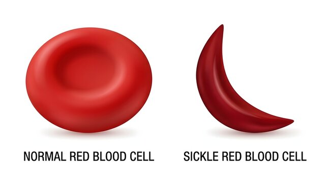 Medical illustration comparing a healthy round red blood cell with a crescent shaped sickle cell used in hematology research studies