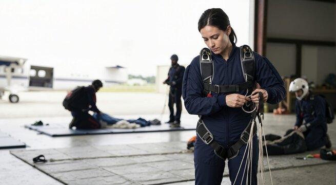 Female skydiver checking parachute harness in a hangar. Woman preparing gear for extreme sport jump with airplane in background