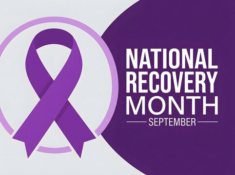 National recovery month awareness poster featuring a purple ribbon symbol to promote addiction recovery and support for mental health awareness