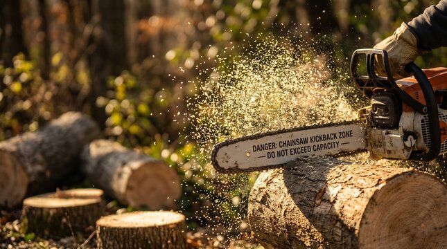 Professional gardener cutting thick tree trunk with powerful chainsaw in forest