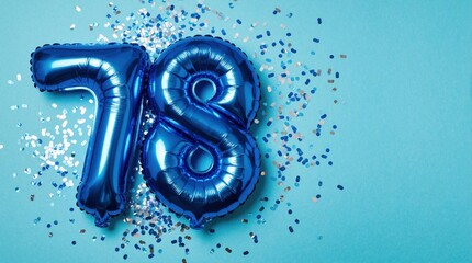 Obraz premium Blue balloon number 78 with shiny foil texture on solid color surface. Festive confetti background for party birthday celebration event. Anniversary concept card for jubilee milestone wedding