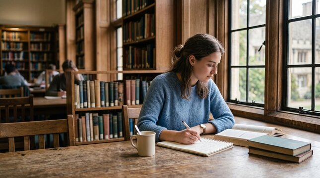Student begins a focused study session in a quiet library room