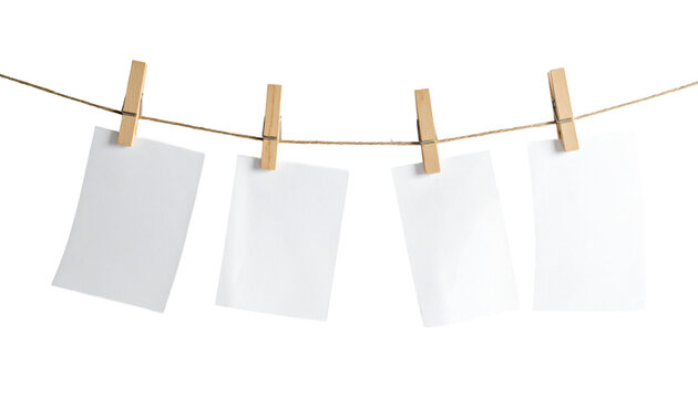 Four blank white photo paper cards hanging on a thin rope with wooden clothespins isolated on transparent background, gallery mockup.