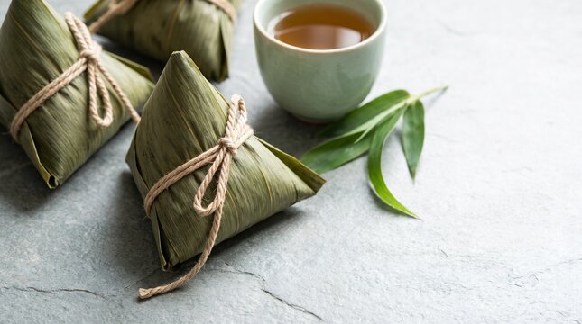 Wrapped zongzi and tea cup on a bamboo festival food table