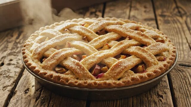 Delicious homemade fresh baked apple pie with lattice crust on rustic wooden table, sweet dessert concept.