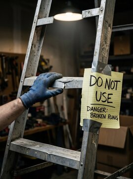 Hand in blue glove reaching for broken ladder rung with warning sign in workshop