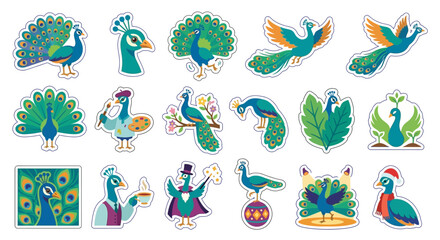 Fototapeta premium Vibrant Peacock Sticker Collection: Artistic and Whimsical Designs