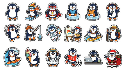 Cute Penguin Characters Collection: Diverse Activities and Hobbies, Flat Design, White Background