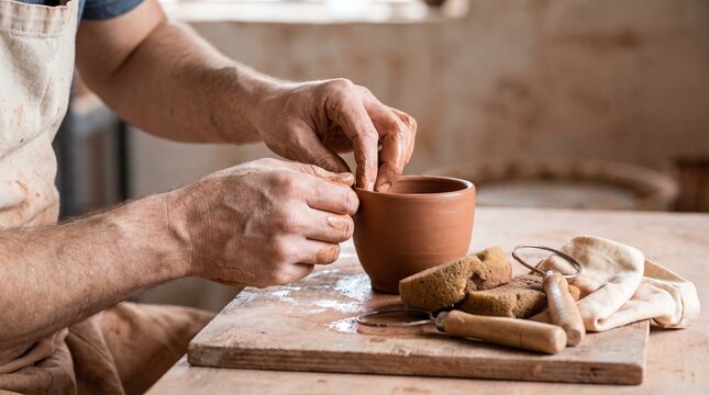 Hands refining a handmade clay cup on a pottery worktable