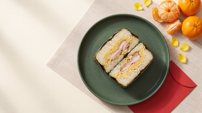 Sliced banh chung with Tet citrus and apricot petals