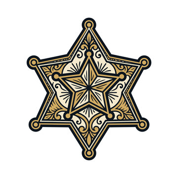 Detailed six-pointed golden sheriff star with vintage filigree.