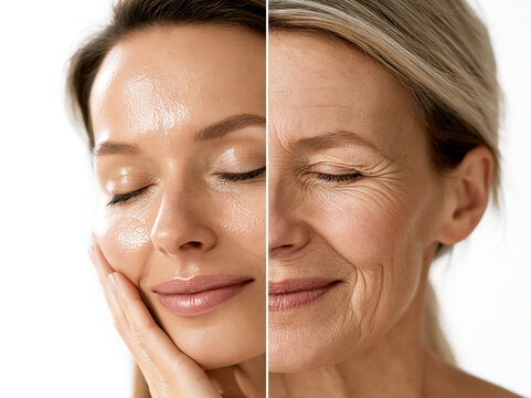 A split screen comparison showing a young woman with smooth, hydrated skin on one side, and an older woman with visible wrinkles and aging signs on the other